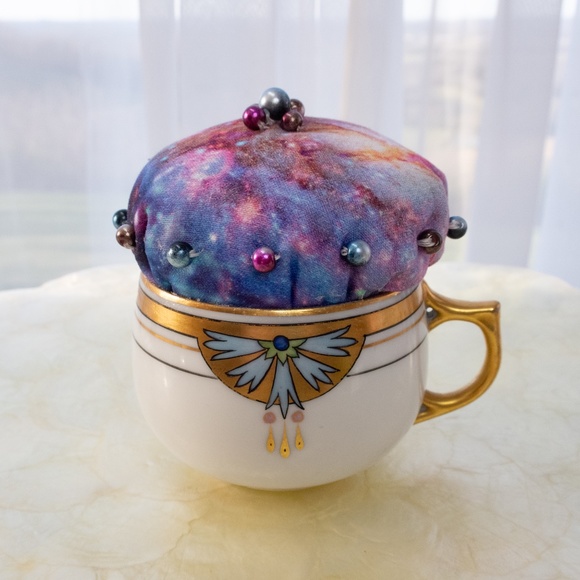 Galaxy Teacup Pincushion Hand Sewn With Craft Pearls Upcycled Austrian Cup NWOT - Picture 5 of 15